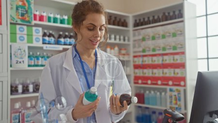 Photo for A smiling young woman pharmacist scans medicine in a well-stocked drugstore. - Royalty Free Image