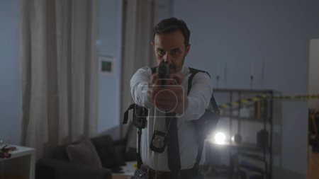 Foto de A mature man with a badge aims a pistol with intensity in a dimly lit indoor crime scene. - Imagen libre de derechos