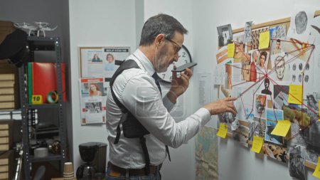A middle-aged man analyzing evidence on a pinboard in an indoor detective office setting.