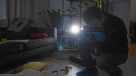 Téléchargez les photos : Un détective d'âge moyen photographie des preuves sur une scène de crime intérieure avec une caméra et une lampe de poche. - en image libre de droit