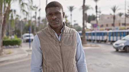 Porträt eines nachdenklichen Afrikaners, der auf einer Stadtstraße mit Verkehr und Palmen im Hintergrund steht
