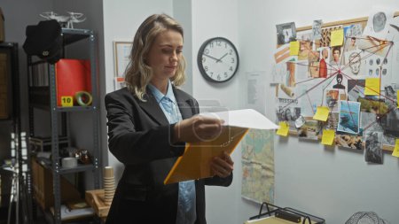 A focused young woman detective examines a document in a cluttered police station office, surrounded by evidence and case files.