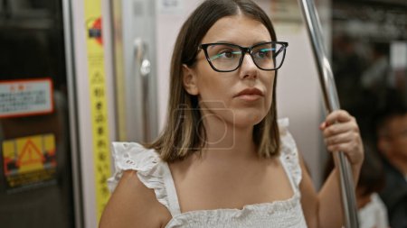 Téléchargez les photos : Belle femme hispanique avec des lunettes debout, attendant dans le métro, portrait urbain d'une brune moderne passager à l'intérieur du chemin de fer souterrain vide, Voyage dans les transports en commun - en image libre de droit
