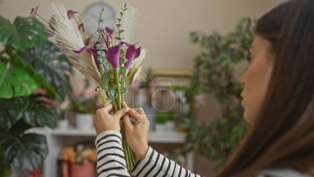 Photo for A young woman arranging flowers indoors, surrounded by houseplants, showing a cozy domestic lifestyle. - Royalty Free Image