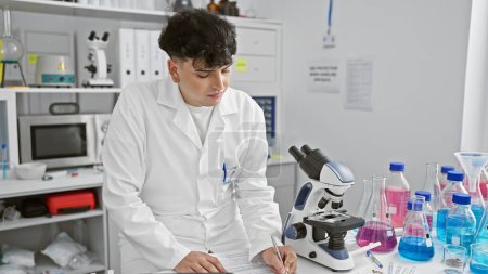 Foto de Un hombre con una bata de laboratorio tomando notas al lado de un microscopio en un entorno moderno de laboratorio, rodeado de equipo científico. - Imagen libre de derechos