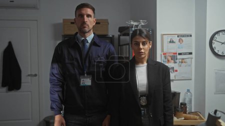 Photo for Two serious detectives, a man and a woman, standing in a police station office, with wanted posters, clock, and drone in the background. - Royalty Free Image
