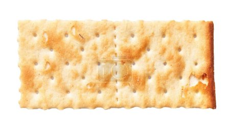 A close-up view of a single rectangular golden-brown cracker isolated on a white background.