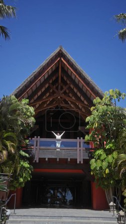 Téléchargez les photos : Une jeune femme lève les bras sur le balcon d'un bali traditionnel entouré de verdure tropicale sous un ciel bleu clair. - en image libre de droit