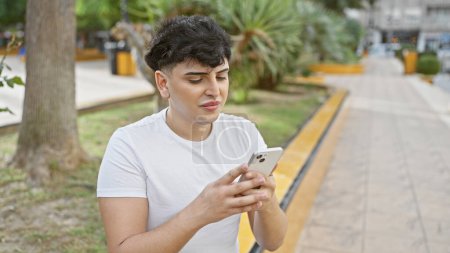 Foto de Un joven usa un teléfono inteligente mientras está sentado en un exuberante parque con vegetación y elementos urbanos en el fondo borroso. - Imagen libre de derechos