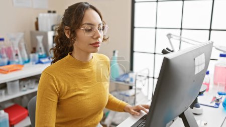 Photo for A focused woman works on a computer in a modern lab, portraying technology, healthcare, and professionalism in an indoor setting. - Royalty Free Image