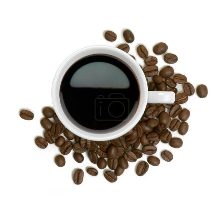 Photo for Cup of coffee top view, with coffee grains all around, isolated on white - Royalty Free Image