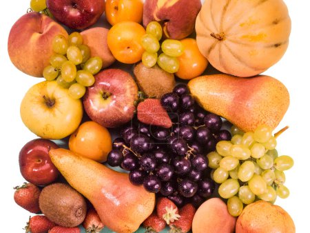 Foto de Fruta mezclada con melón, pera, fresa, manzana, kiwi, uva y más - Imagen libre de derechos