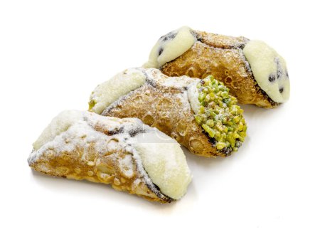 Photo for Three Sicilian cannoli, Italian pastries, classic, pistachio, chocolate - Royalty Free Image