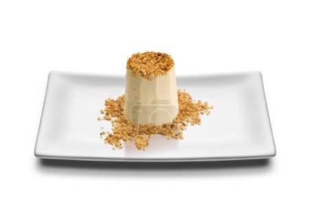 Foto de Semifreddo postre de helado de pistacho con aspersiones sobre un plato blanco rectangular - aislado - Imagen libre de derechos