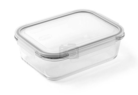 Recipiente de vidrio para alimentos con tapa aislada sobre fondo blanco, con recorrido de recorte