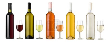 Conjunto de botellas y vasos de vino blanco, rosa y tinto aislados sobre fondo blanco