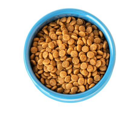 Alimentos secos para mascotas kibble en un tazón aislado sobre fondo blanco.
