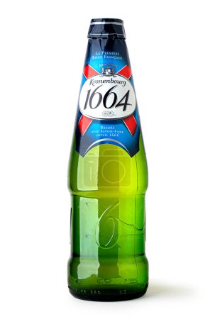 Photo for Anapa, Russia 01 Februarie 2023:  Cold bottle of Kronenbourg 1664 beer isolated on white background. A 5.5% pale lager is the main brand of Kronenbourg Brewery. - Royalty Free Image