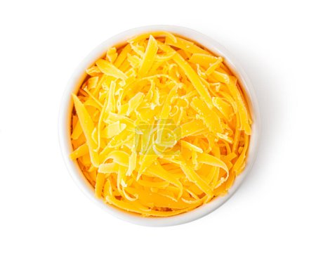 A cup of grated cheese, isolated on a white background. Top View