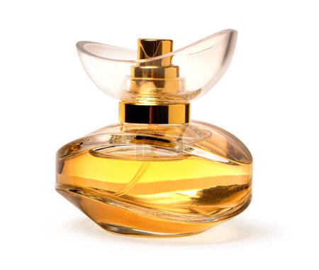 The perfume bottle is isolated on a white background with clipping path