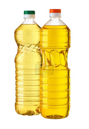 Téléchargez les photos : Deux bouteilles d'huile en plastique isolées sur fond blanc - en image libre de droit
