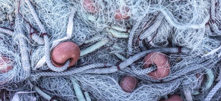 Photo for Close up view of fishing net. Marine panoramic background. - Royalty Free Image