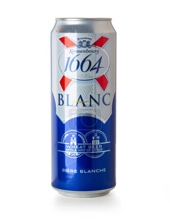 Photo for Anapa, Russia - May 27, 2023: Kronenburg Blanc 1664 French beer can isolated on white background - Royalty Free Image