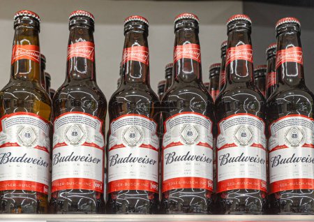 Foto de Las Palmas, España - 14 de diciembre de 2023: Estante con cerveza "Bud". en una tienda en el supermercado Hiperdino en Las Palmas de Gran Canaria, España - Imagen libre de derechos