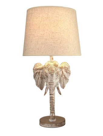 Dekorative Tischlampe mit einem Stoffschirm in Form eines Elefantenkopfes auf weißem Hintergrund mit Clipping-Pfad