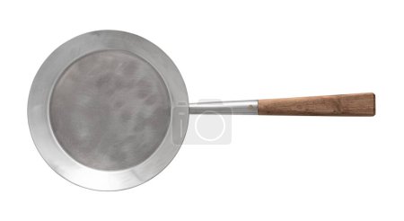 bbq frying pan with wooden handle isolated on white background with clipping path