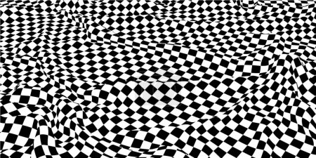 Abstract  background chaotic wavy surface with curve pattern black squares. Black checkers on white. Vector illustration.