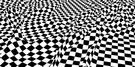 Abstract vector background chaotic wavy surface with curve pattern black squares. Black checkers on white.