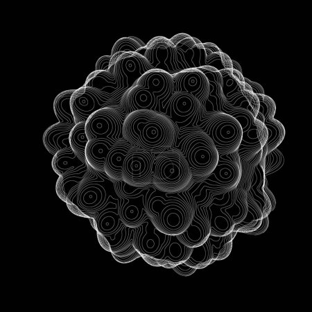 Abstract noisy distorted spheres. Vector lines circles connecting on black.