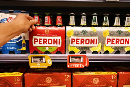 Photo for BARI, ITALY  JULY 2023: Peroni Italian brand gluten free beer in a Carrefour supermarket - Royalty Free Image