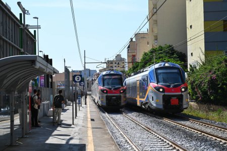 Photo for BARI, ITALY - JULY 2023: Train to Barletta on the platform of Bari Marconi railway station - Royalty Free Image