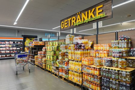 Photo for MEPPEN, GERMANY - APRIL 2022: Soft drinks department of a German ALDI supermarket. - Royalty Free Image