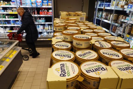Photo for GERMANY - DECEMBER 2023: Stack of Rama brand Margarine in a REWE supermarket - Royalty Free Image