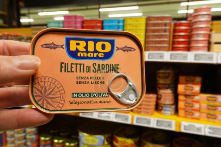 Photo for NETHERLANDS - JANUARY 2024: Easy open can Rio Mare brand Sardines in olive oil in a Dutch Hanos wholesale - Royalty Free Image