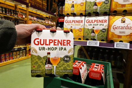 Photo for NETHERLANDS - JANUARY 2024: 6-pack Bio label Gulpener Ur-Hop IPA beer in a Dutch Hanos wholesale - Royalty Free Image