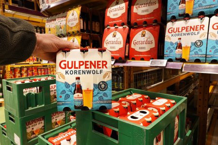 Photo for NETHERLANDS - JANUARY 2024: 6-pack Gulpener Korenwolf witbier beer in a Dutch Hanos wholesale - Royalty Free Image