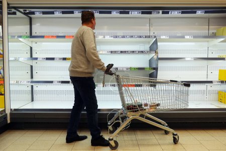 Téléchargez les photos : ALLEMAGNE - JANVIER 2024 : Magasin avec chariot devant les étagères frigorifiques vides d'un supermarché Lidl - en image libre de droit