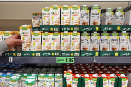 Téléchargez les photos : ALLEMAGNE - JANVIER 2024 : Shopper sélectionne le lait d'avoine bio dans un assortiment de boissons non laitières dans un supermarché Lidl - en image libre de droit