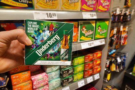 Photo for GERMANY - JANUARY 2024: Shooter box Underberg portion-sized bottles digestif bitter in a REWE supermarket - Royalty Free Image