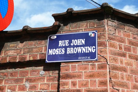 Photo for HERSTAL, WALLONIA, BELGIUM - SEPTEMBER 2023: Street name named after the American firearm designer John Moses Browning, Gunsmith and founder of Browning Arms Company - Royalty Free Image