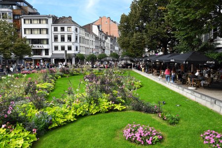 Photo for LIEGE, WALLONIA, BELGIUM - SEPTEMBER 2023: City garden, vegetation with plants and grass on Place de la Cathdrale in the city center - Royalty Free Image