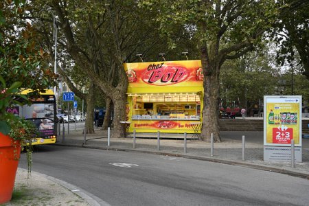 Photo for LIEGE, WALLONIA, BELGIUM - SEPTEMBER 2023: A typical Belgian friterie sells quick service takeaway fast food from a roadside trailer - Royalty Free Image