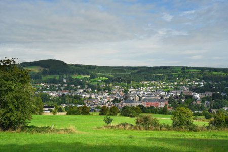Panoramic view over the city Stavelot and its abbey in the Walloon Ardennes, Belgium