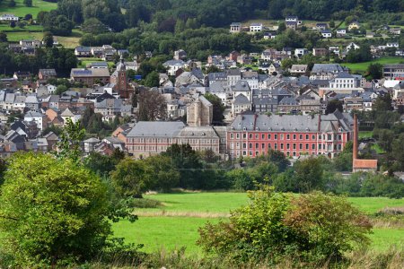 Panoramic view over the city Stavelot and its monumental Abbey in the Walloon Ardennes, Belgium