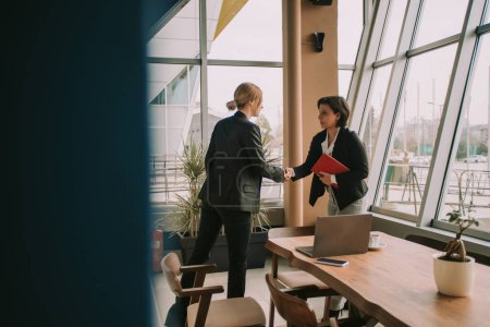 Two business women handshaking while standing at the office
