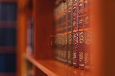 Close-up shot of lined up books at the library